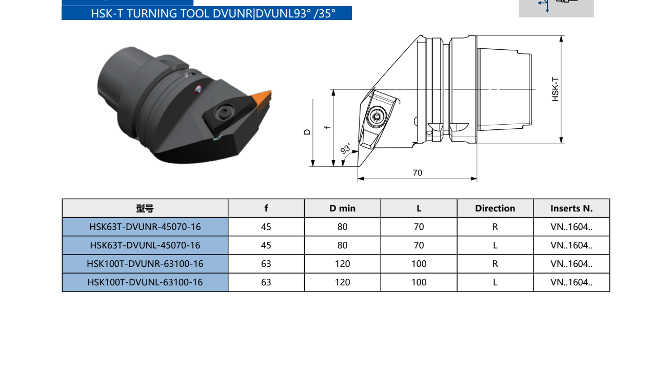 HSK-T Turning Tool Holder DVUNR | DVUNL 93°/35° (Negative, VNMG)