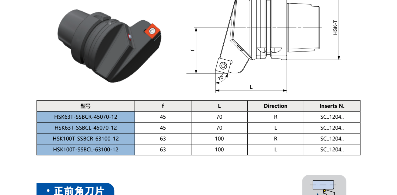 HSK-T Turning Tool Holder SSBCR 75°/90° (Positive)