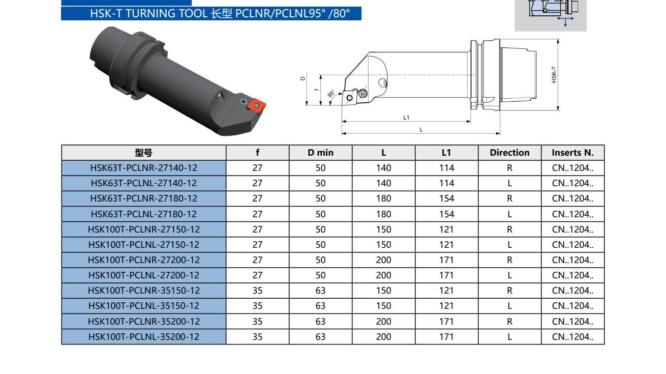 HSK-T Turning Tool Holder PCLNR | PCLNL 95°/80° Long Type (Negative, CNMG)