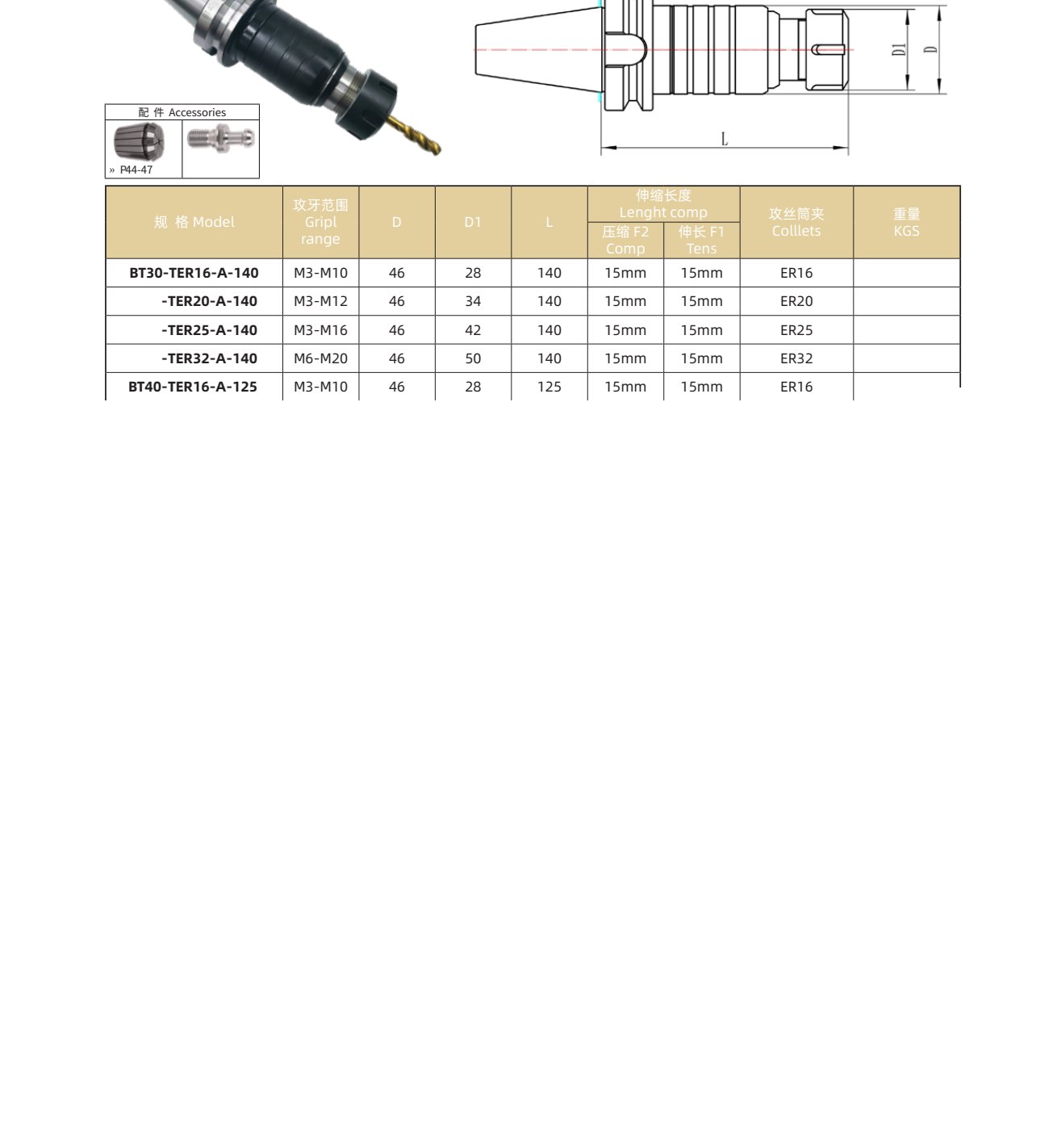 BT-TER-A Rigid Tension-Comp Tapping Holder M3-M20 BT-TER-A Rigid Tension-Comp Tapping Holder M3-M20 - BT30-TER16-A-140 | NBD Machinery
