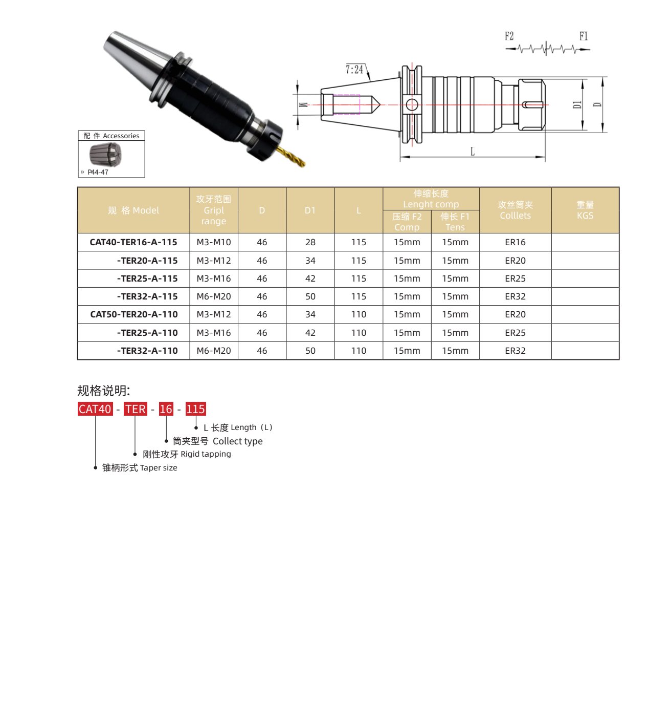 CAT-TER-A Rigid Tension-Comp Tapping Holder M3-M20