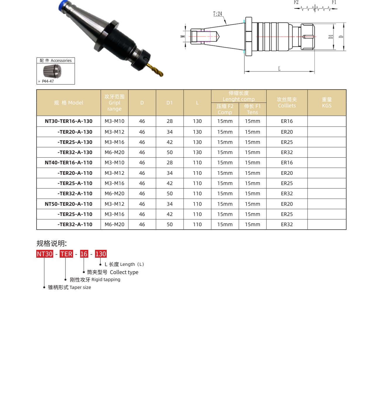 NT-TER-A Rigid Tension-Comp Tapping Holder M3-M20