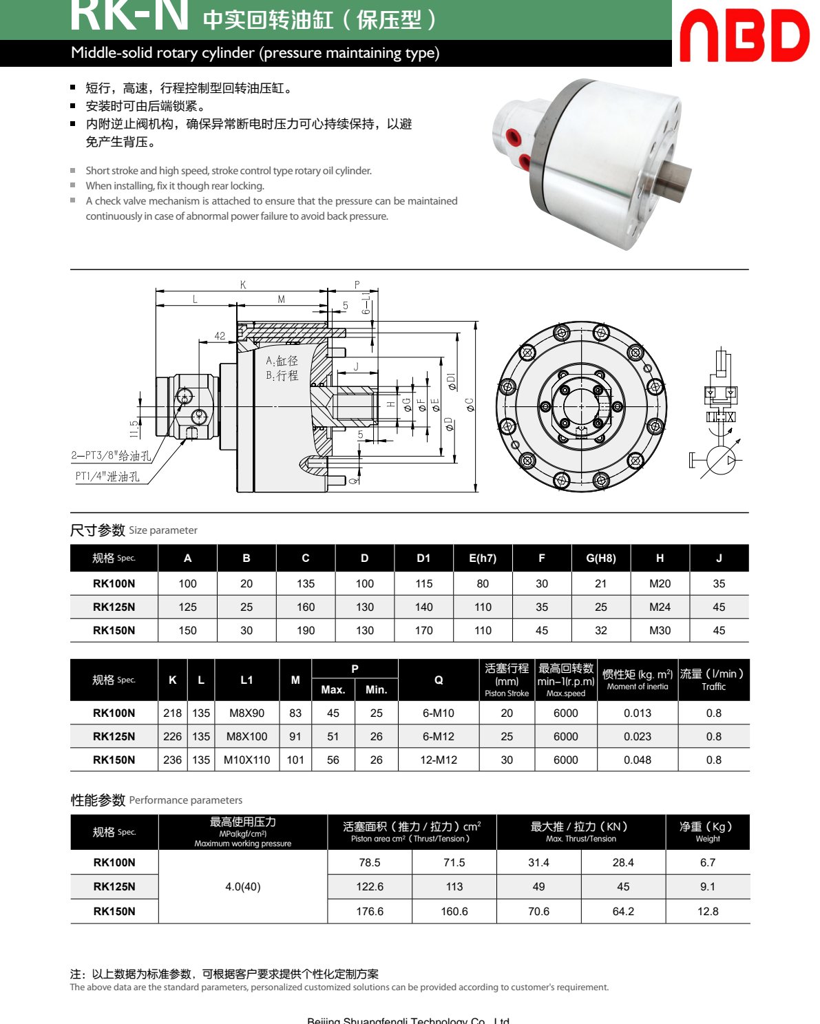 Middle-Solid Rotary Cylinder, Pressure-Maintaining (RK-N) — RK-N 中实回转油缸(保压型)