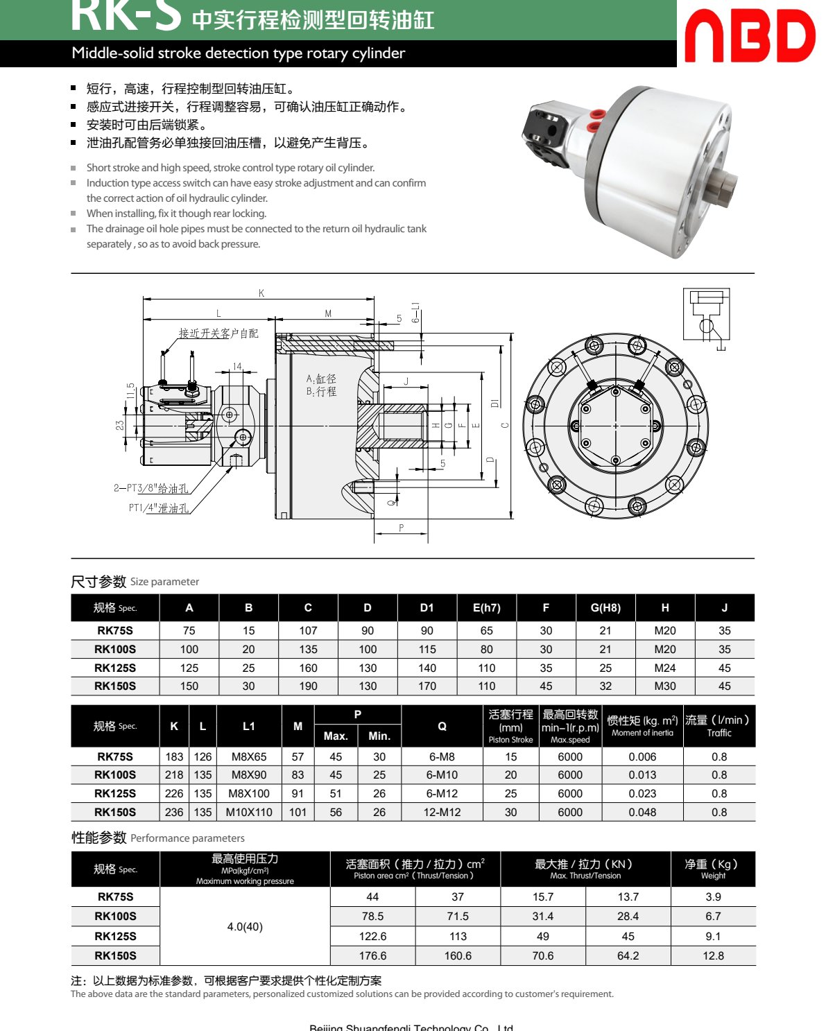 Middle-Solid Rotary Cylinder, Stroke-Detection (RK-S) — RK-S 中实行程检测型回转油缸