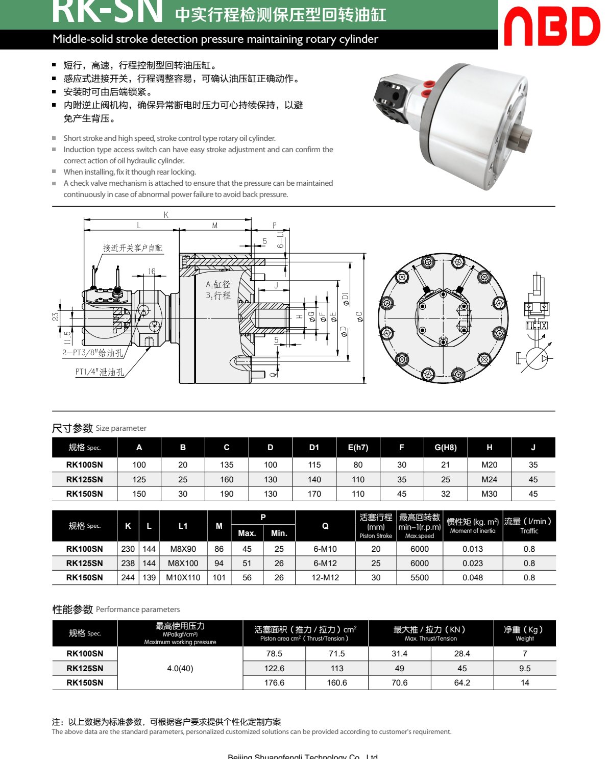 Middle-Solid Rotary Cylinder, Stroke-Detection & Pressure-Maintaining (RK-SN) — RK-SN 中实行程检测保压型回转油缸