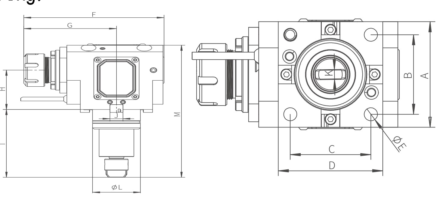 BMT 90° Driven Tool Holder (Tapered Roller Bearing) — BMT系列90度动力刀座(圆锥滚子轴承) dimension drawing