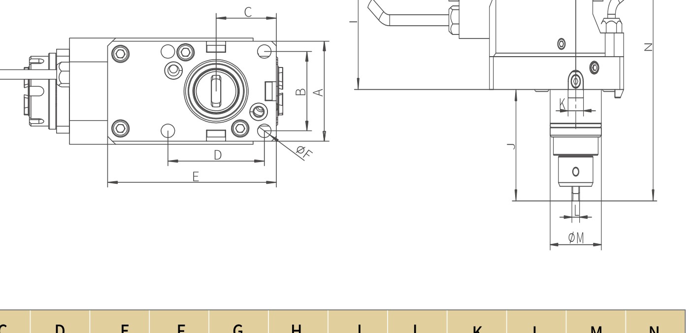 BMT 90° Driven Tool Holder (Double-action Rear-retracting) — BMT系列90度动力刀座(双出后缩型) dimension drawing